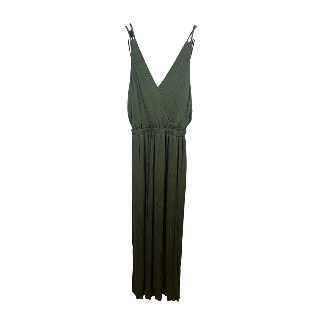 Lulus Olive Green Surplice Strappy Open Back Crinkle Maxi Dress Womens Small
